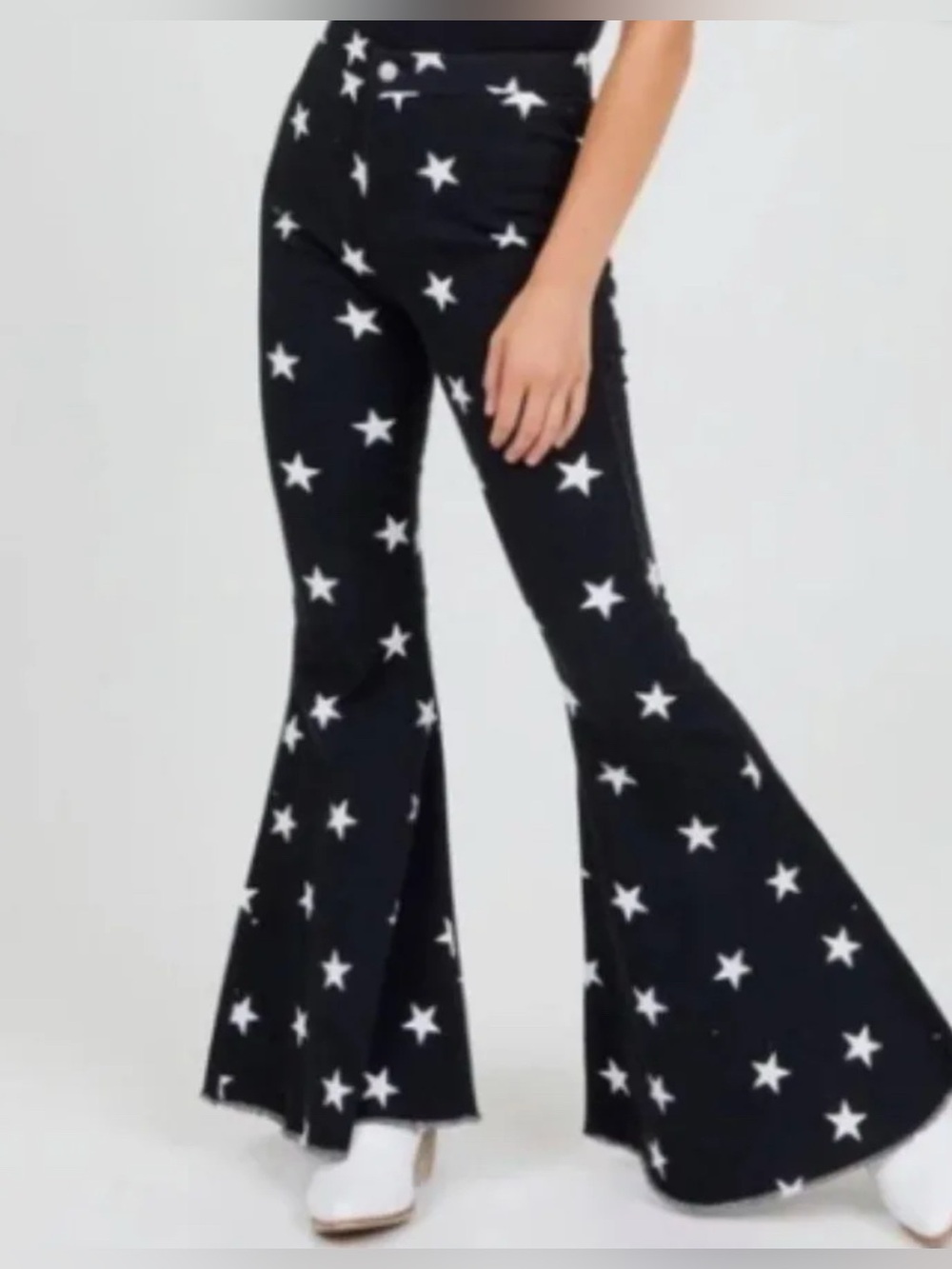 Altar’d State Black Denim Bell Bottoms Star Print size M Boho Hippie
